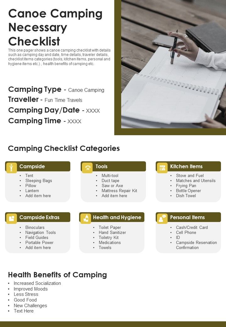 Canoe Camping Necessary Checklist PDF Document PPT Template Slide01