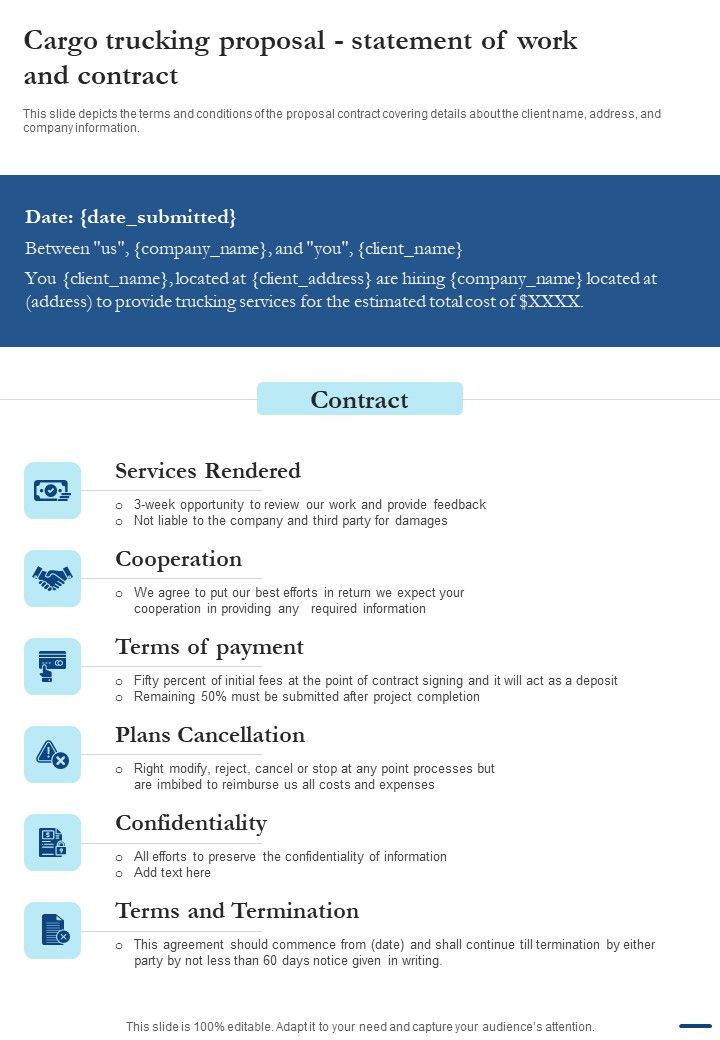 Cargo Trucking Proposal Statement Of Work And Contract One Pager Sample Example Document Slide01