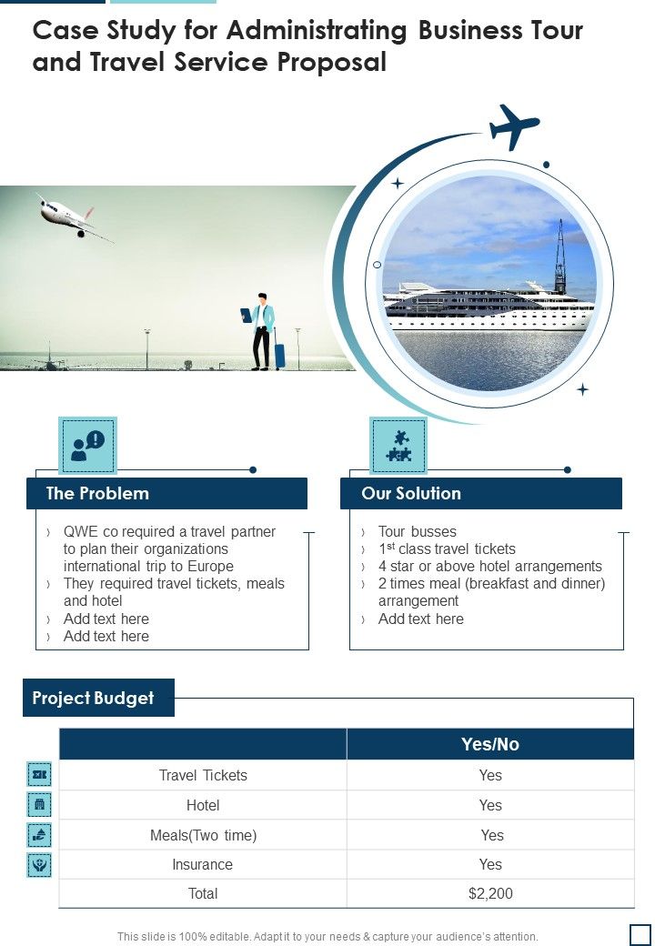 Case Study For Administrating Business Tour And Travel Service Proposal One Pager Sample Example Document Slide01