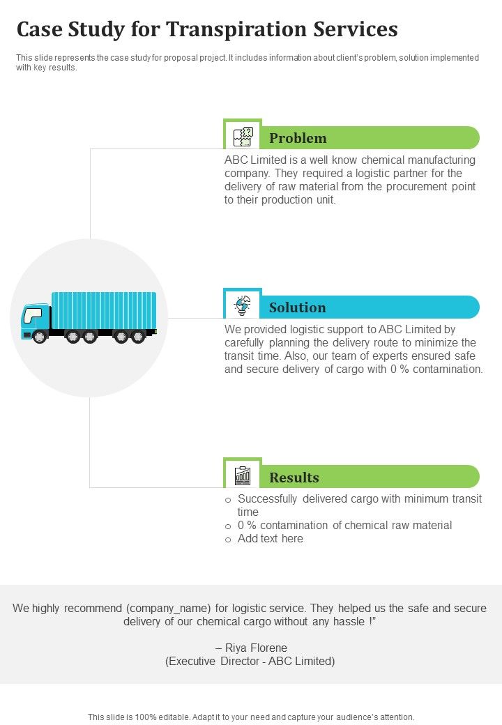 Case Study For Transpiration Services One Pager Sample Example Document Slide01