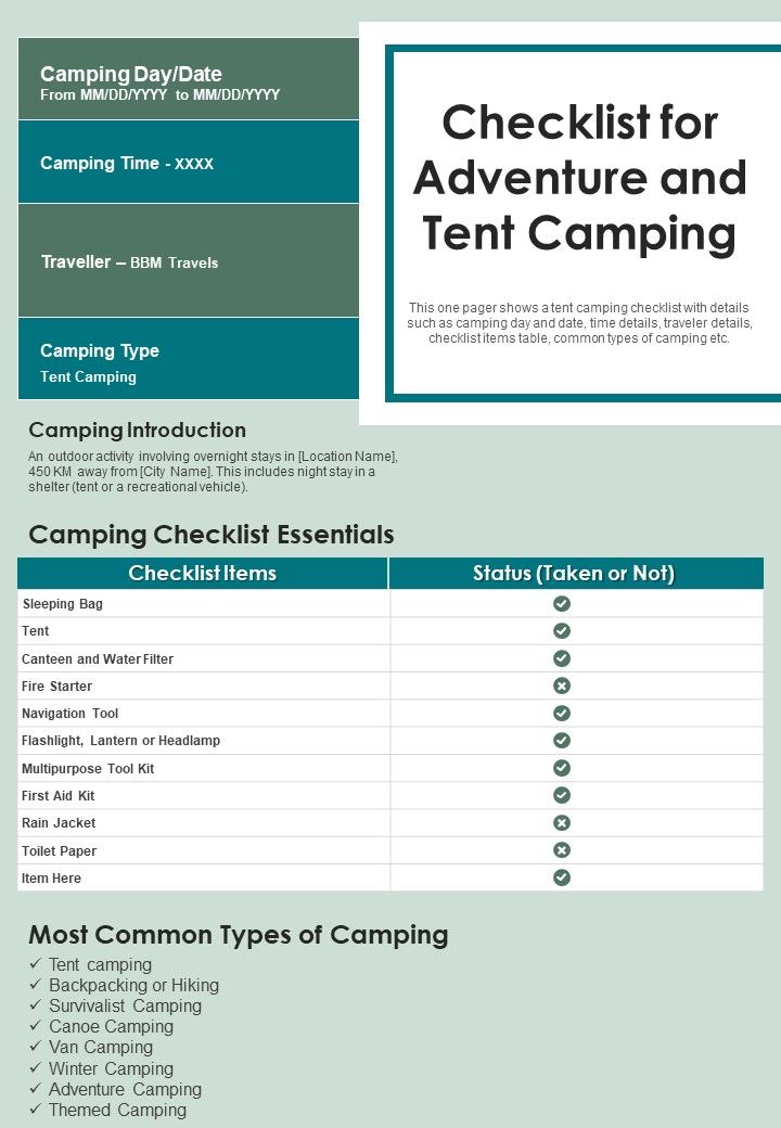 Checklist For Adventure And Tent Camping PDF Document PPT Template Slide01