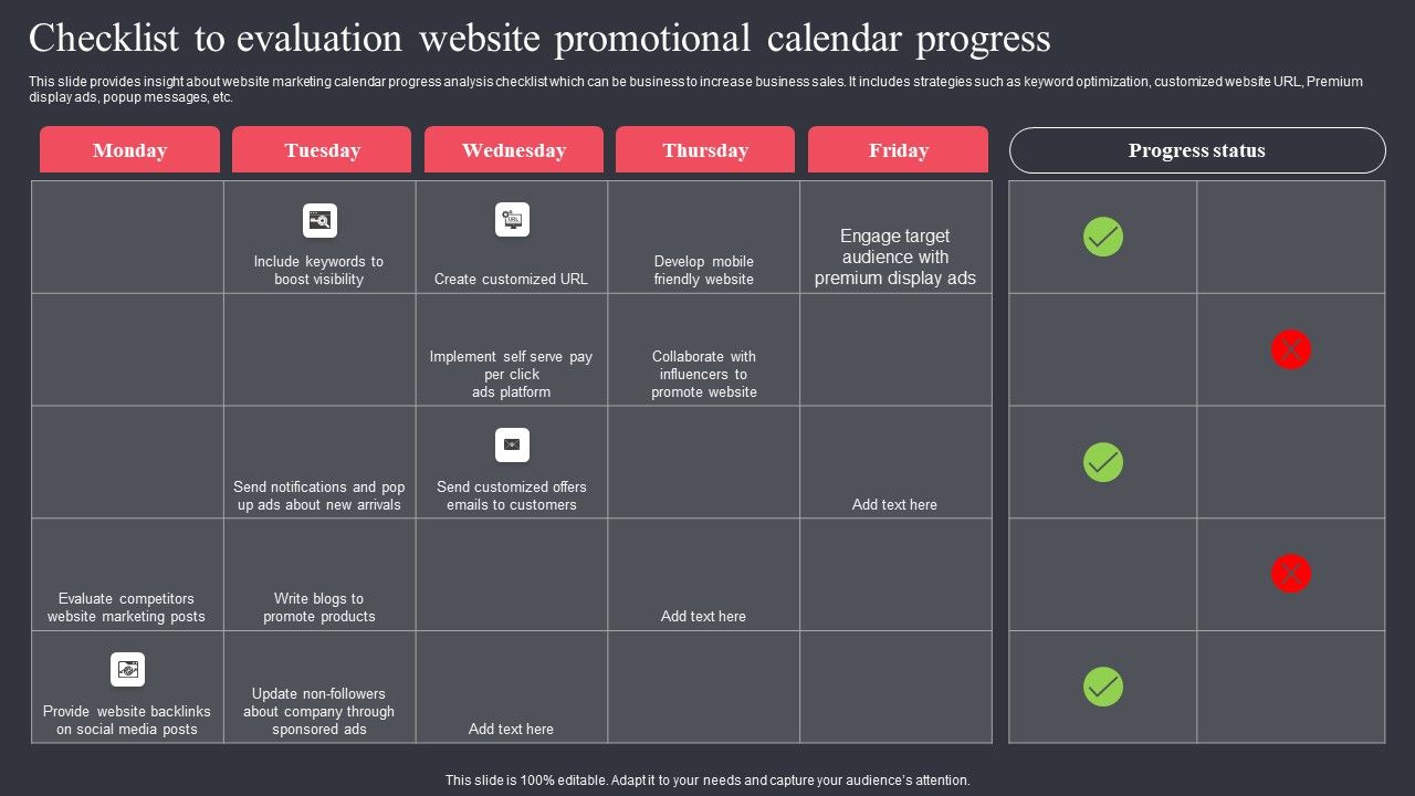 Checklist_To_Evaluation_Website_Promotional_Calendar_Progress_Elements_PDF_Slide_1.jpg
