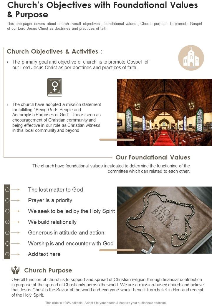 Churchs Objectives With Foundational Values And Purpose One Pager Documents Slide01