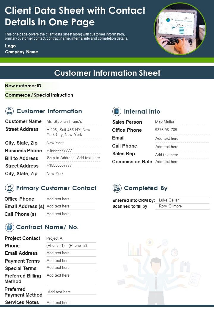 Client Data Sheet With Contact Details In One Page PDF Document PPT Template Slide01