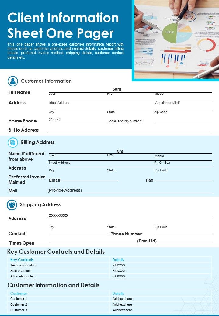 Client Information Sheet One Pager PDF Document PPT Template Slide01