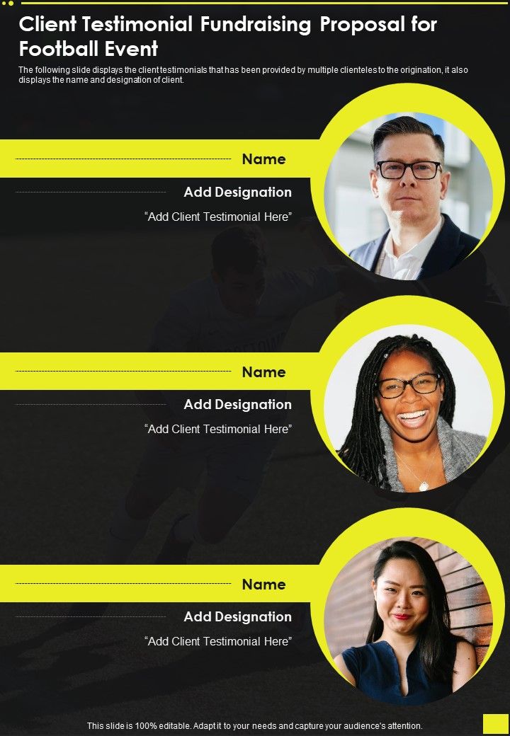 Client Testimonial Fundraising Proposal For Football Event One Pager Sample Example Document Slide01