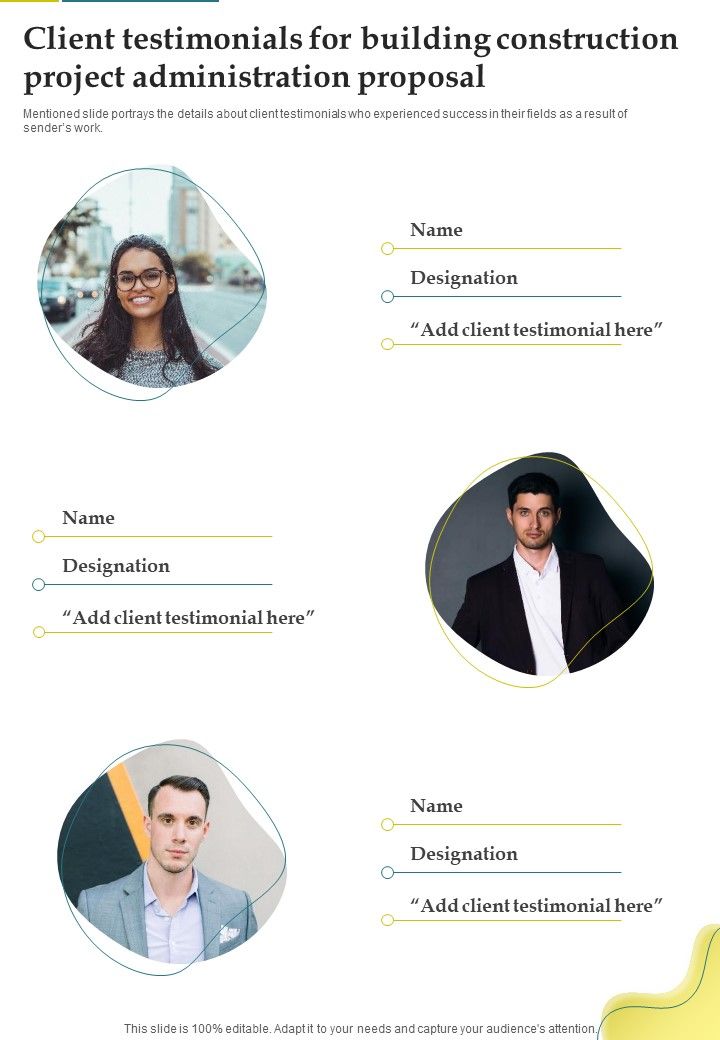 Client Testimonials For Building Construction Project Administration Proposal One Pager Sample Example Document Slide01