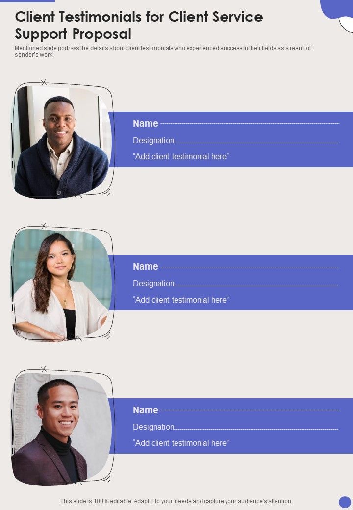Client Testimonials For Client Service Support Proposal One Pager Sample Example Document Slide01