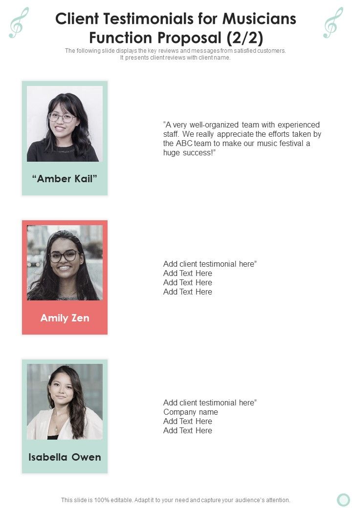 Client Testimonials For Musicians Function Proposal One Pager Sample Example Document