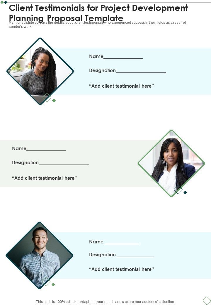 Client Testimonials For Project Development Planning Proposal Template One Pager Sample Example Document Slide01