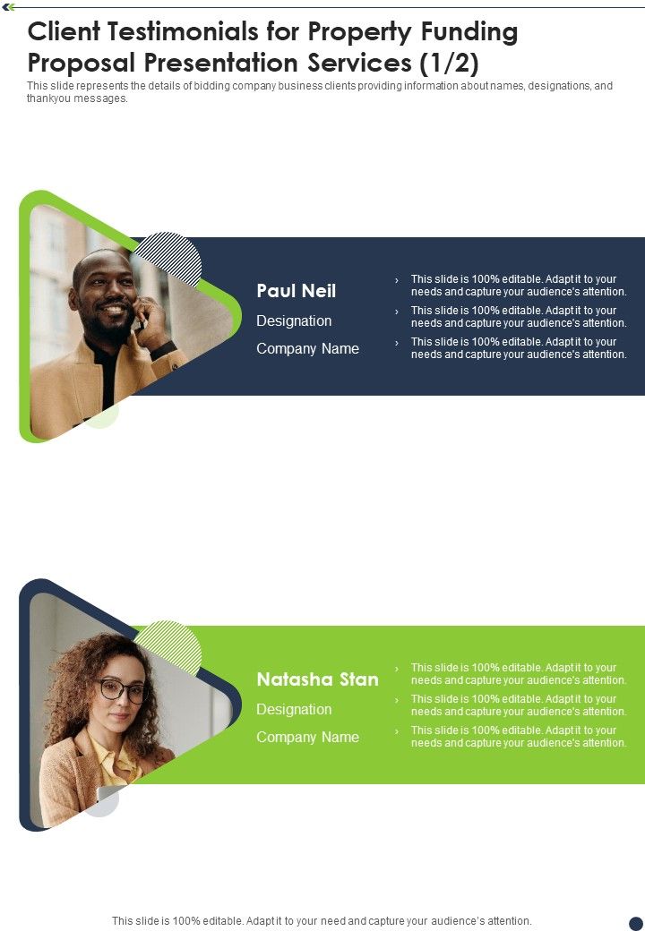 Client Testimonials For Property Funding Proposal Presentation Services One Pager Sample Example Document Slide01