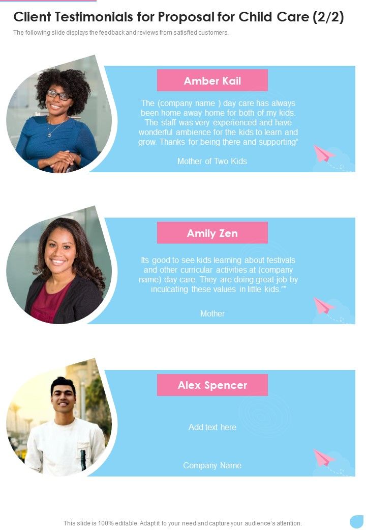 Client Testimonials For Proposal For Child Care One Pager Sample Example Document