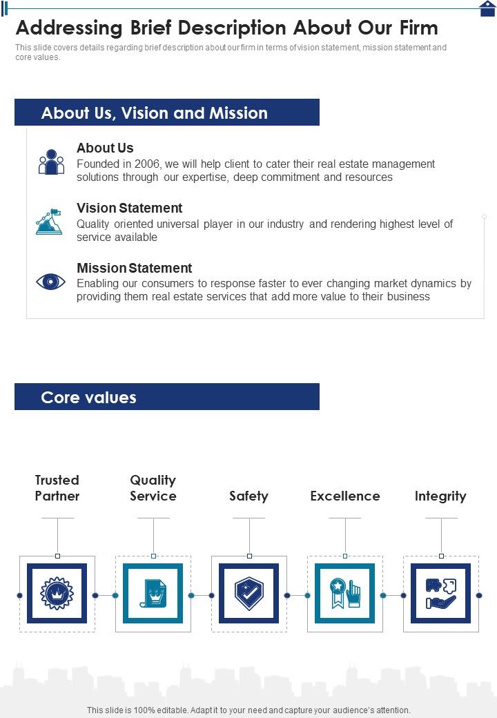 Commercial Property Addressing Brief Description About Our Firm One Pager Sample Example Document Slide01