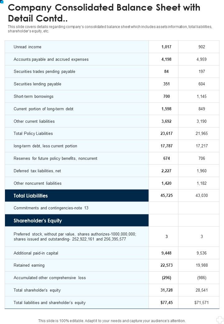 Company Consolidated Balance Sheet With Detail One Pager Documents