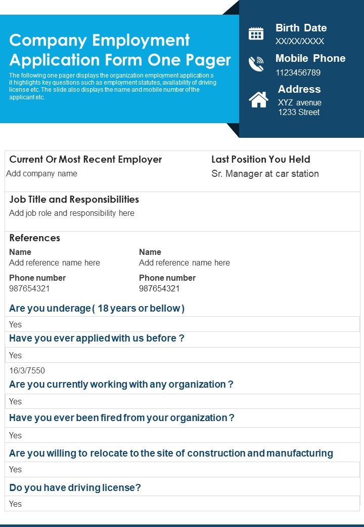 Company Employment Application Form One Pager PDF Document PPT Template Slide01