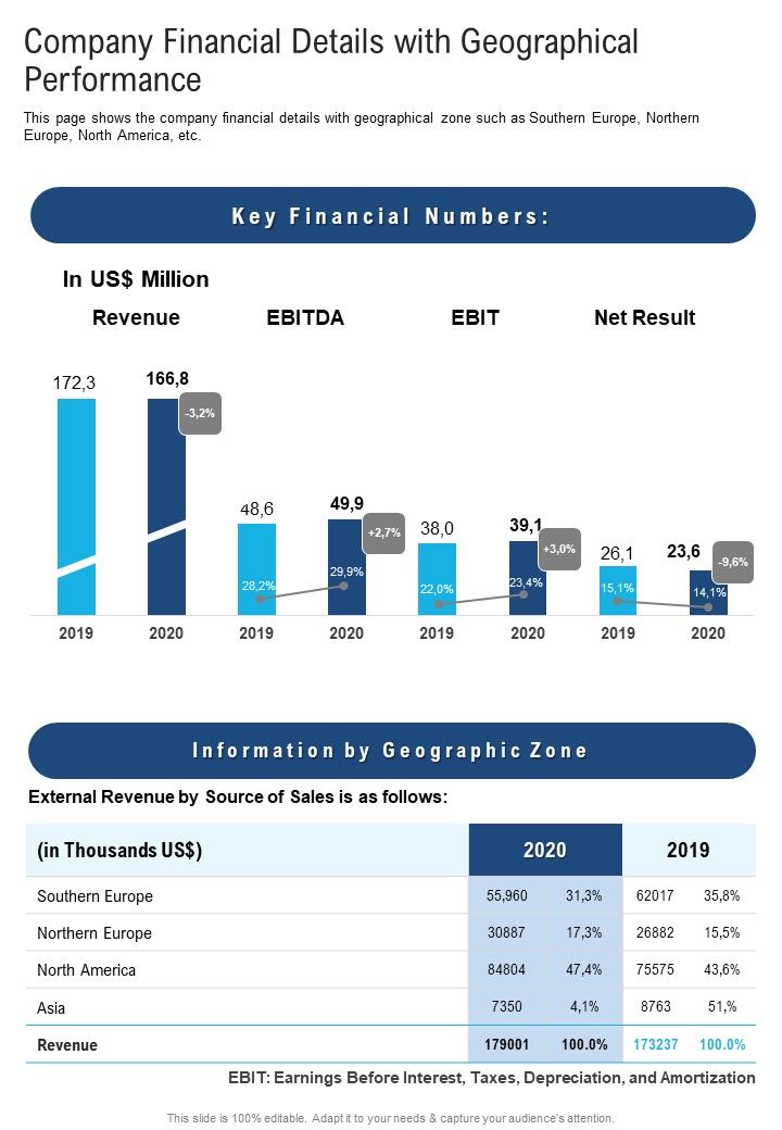 Company Financial Details With Geographical Performance One Pager Documents Slide01