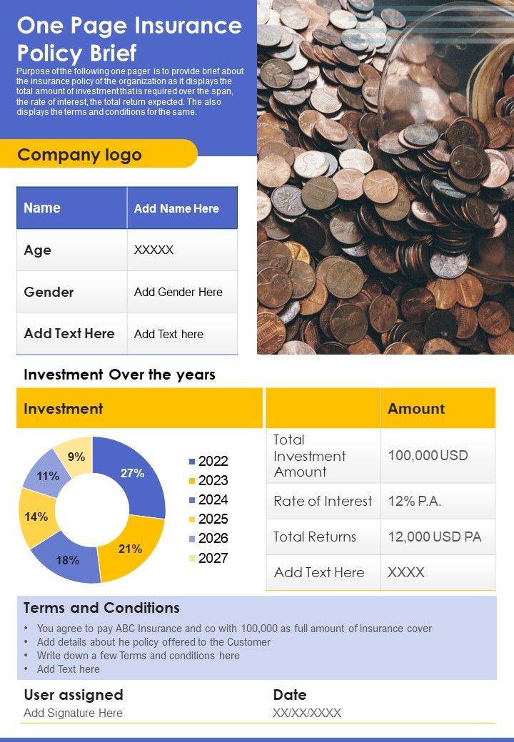 Company Insurance Policy Brief One Pager PDF Document PPT Template Slide01