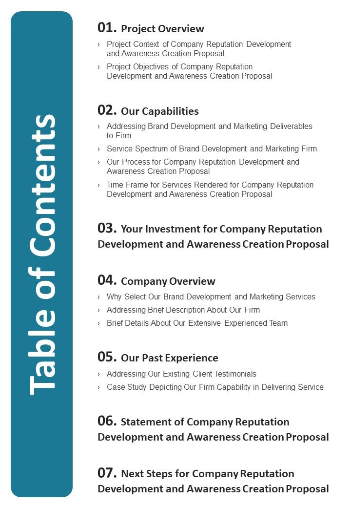 Company Reputation Development And Awareness Creation Proposal Table Of Contents One Pager Sample Example Document Slide01