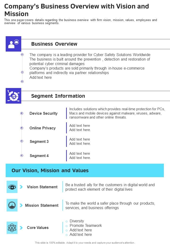 Companys Business Overview With Vision And Mission One Pager Documents Slide01