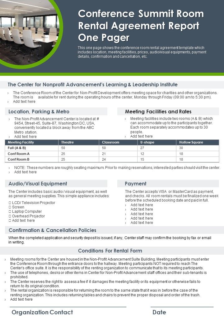 Conference Summit Room Rental Agreement Report One Pager PDF Document PPT Template Slide01