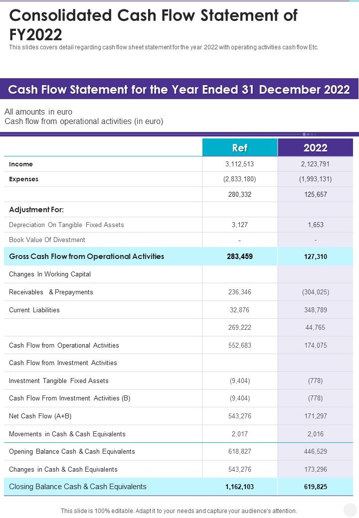 Consolidated Cash Flow Statement Of FY2022 Template 210 One Pager Documents Slide01
