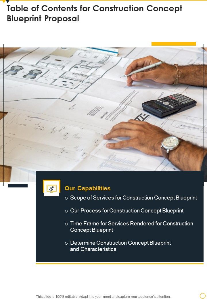 Construction Concept Blueprint Proposal Table Of Contents One Pager Sample Example Document Slide01