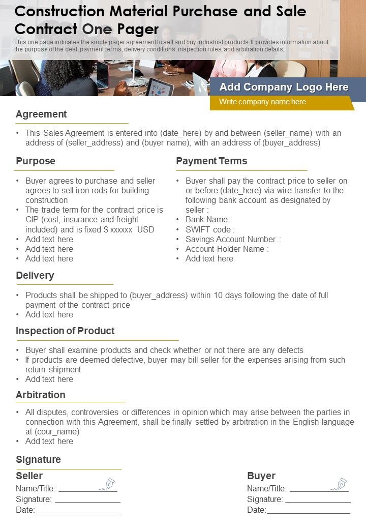 Construction Material Purchase And Sale Contract One Pager PDF Document PPT Template Slide01