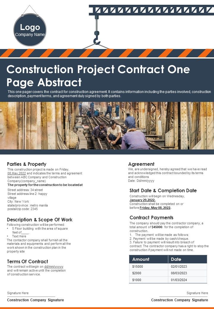 Construction Project Contract One Page Abstract PDF Document PPT Template Slide01