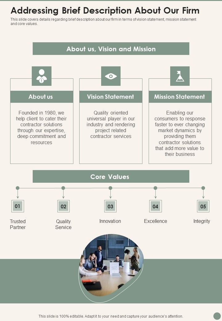 Construction Project Contractual Work Addressing Brief Description About Our Firm Wd One Pager Sample Example Document Slide01
