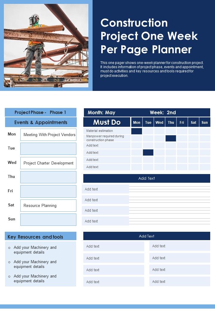 Construction Project One Week Per Page Planner PDF Document PPT Template Slide01