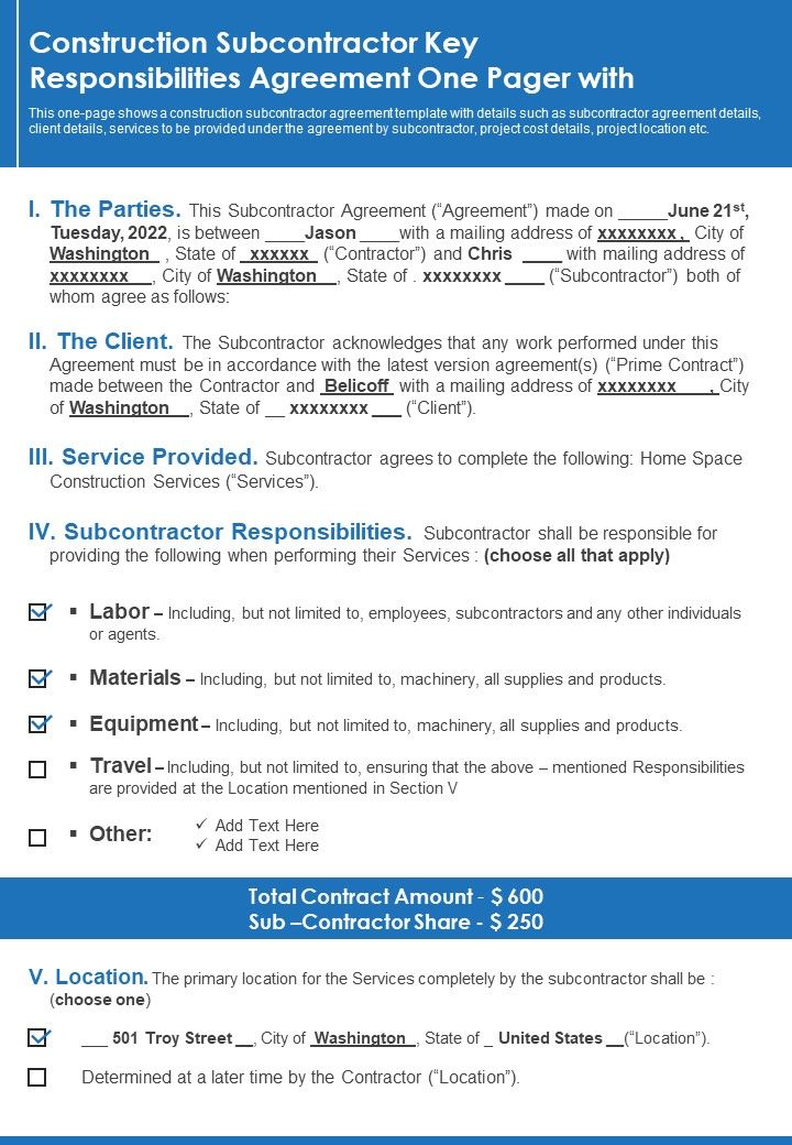 Construction Subcontractor Key Responsabilities Agreement One Pager With PDF Document PPT Template Slide01