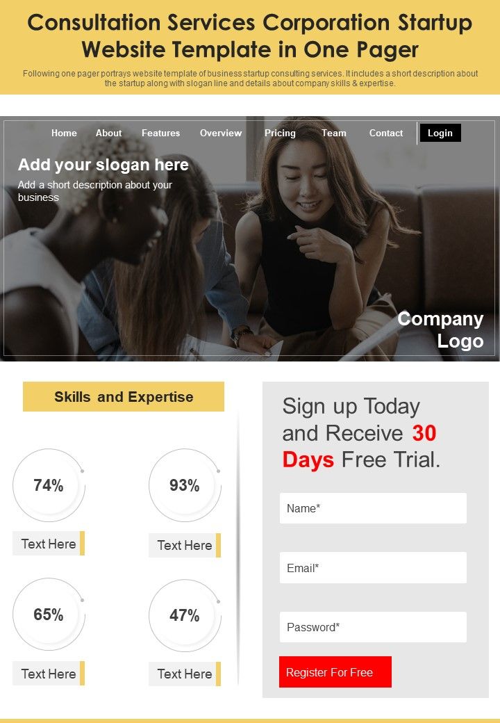 Consultation Services Corporation Startup Website Template In One Pager PDF Document PPT Template Slide01