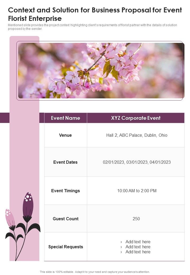 Context And Solution For Business Proposal For Event Florist Enterprise One Pager Sample Example Document Slide01
