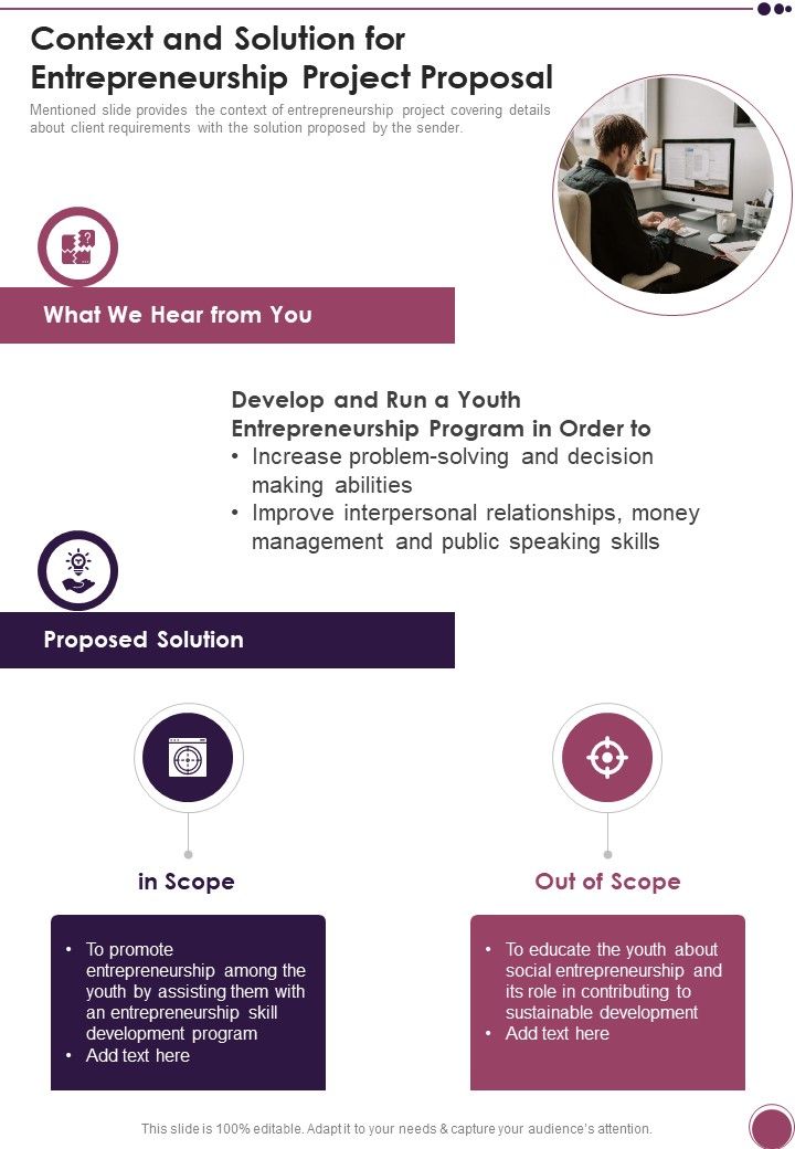 Context And Solution For Entrepreneurship Project Proposal One Pager Sample Example Document Slide01