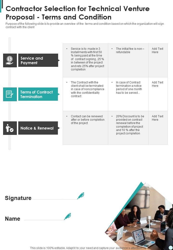 Contractor Selection For Technical Venture Proposal Terms And Condition One Pager Sample Example Document Slide01