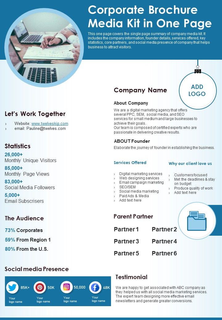 Corporate Brochure Media Kit In One Page PDF Document PPT Template Slide01