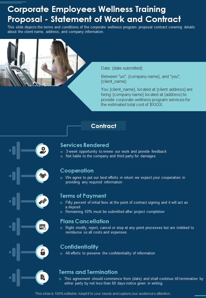 Corporate Employees Wellness Training Proposal Statement Of Work And Contract One Pager Sample Example Document Slide01