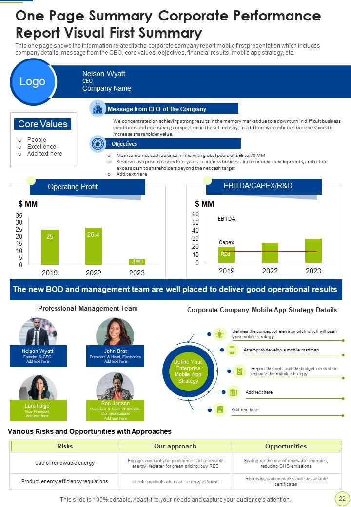 Corporate Performance Report Visual First Summary One Pager Documents