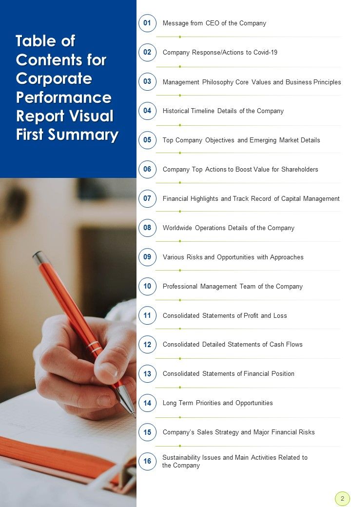 Corporate Performance Report Visual First Summary One Pager Documents