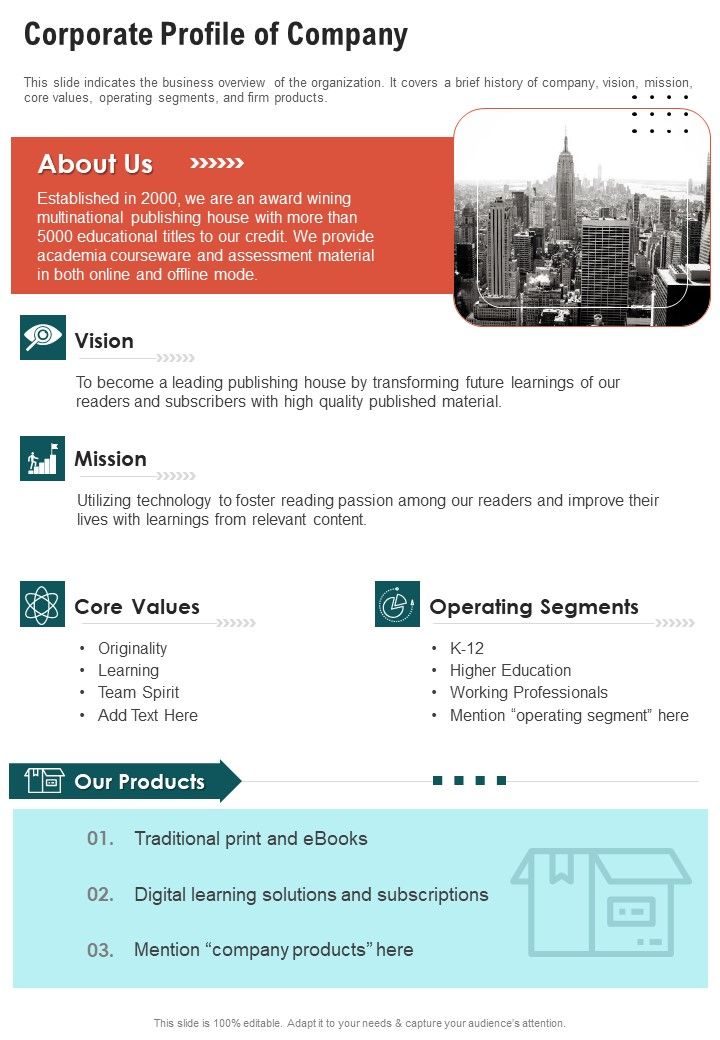 Corporate Profile Of Company One Pager Documents Slide01