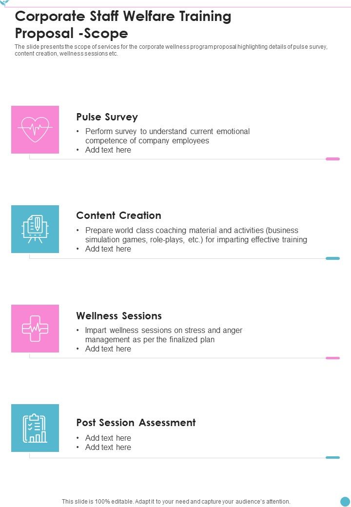 Corporate Staff Welfare Training Proposal Scope One Pager Sample Example Document Slide01