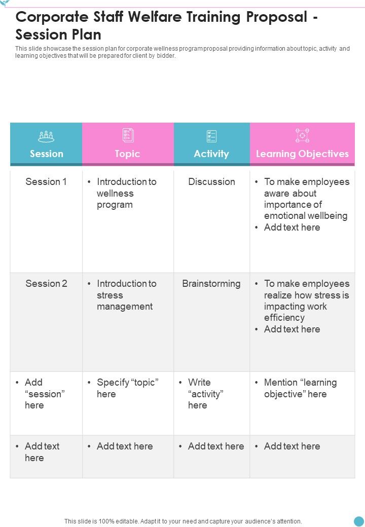 Corporate Staff Welfare Training Proposal Session Plan One Pager Sample Example Document Slide01