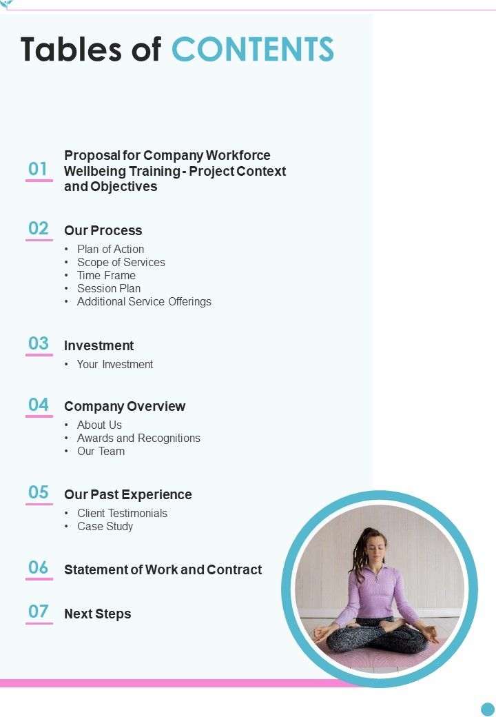 Corporate Staff Welfare Training Proposal Tables Of Contents One Pager Sample Example Document Slide01