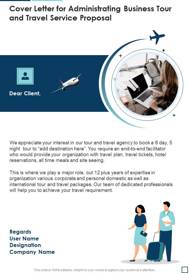 Cover Letter For Administrating Business Tour And Travel Service Proposal One Pager Sample Example Document Slide01