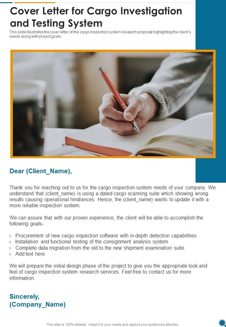 Cover Letter For Cargo Investigation And Testing System One Pager Sample Example Document Slide01