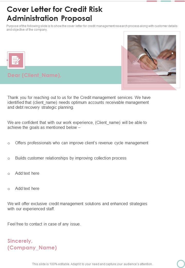 Cover Letter For Credit Risk Administration Proposal One Pager Sample Example Document Slide01