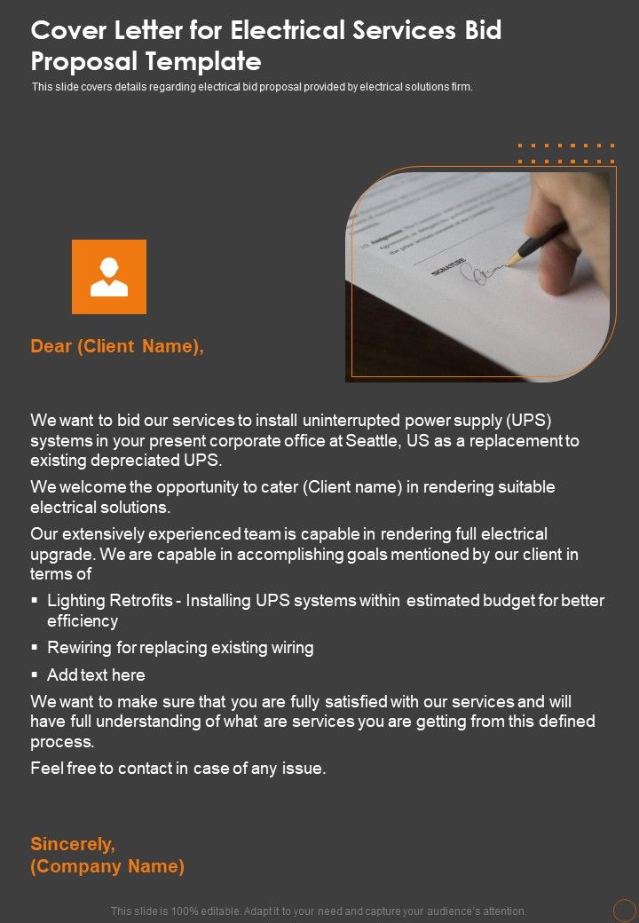 Cover Letter For Electrical Services Bid Proposal Template One Pager Sample Example Document Slide01