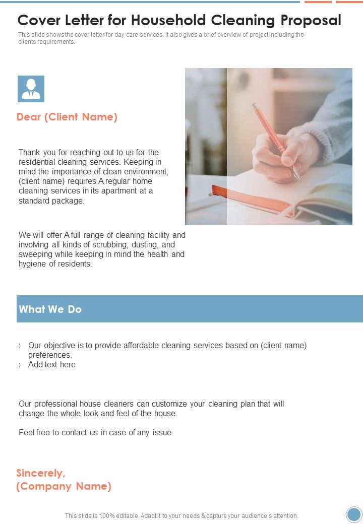 Cover Letter For Household Cleaning Proposal One Pager Sample Example Document Slide01