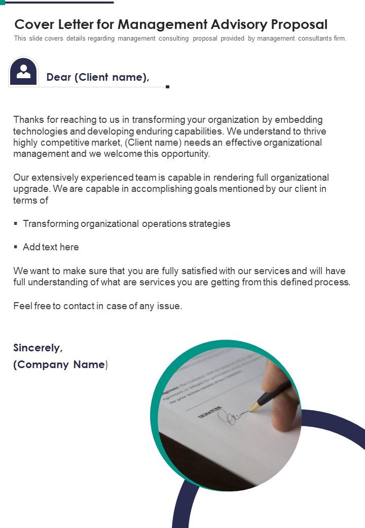 Cover Letter For Management Advisory Proposal One Pager Sample Example Document Slide01
