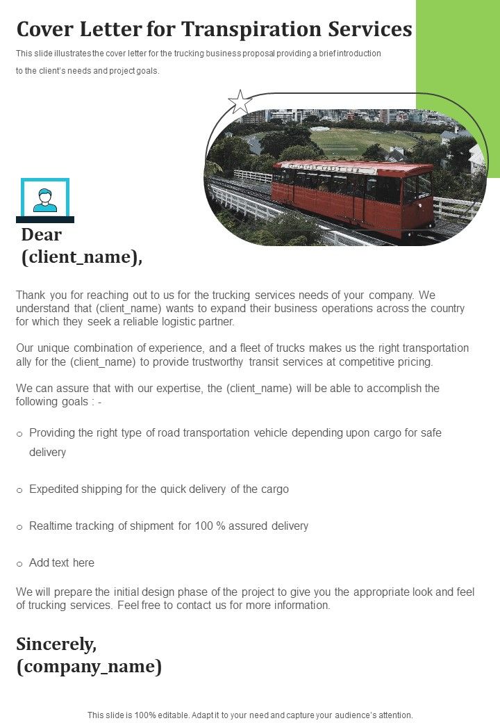 Cover Letter For Transpiration Services One Pager Sample Example Document Slide01